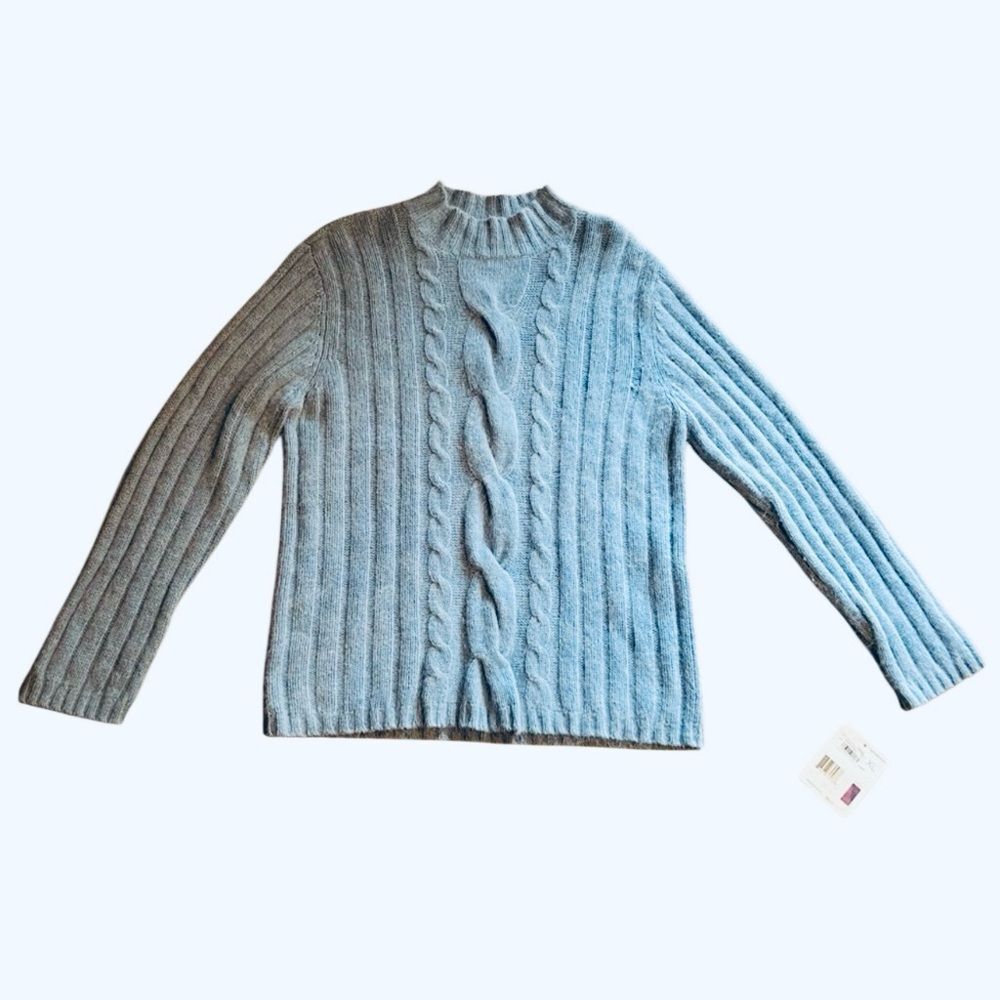 Vintage Angora Sweater Rabbit Boxy Cable knit Mock Neck Baby Blue Scandi  XL